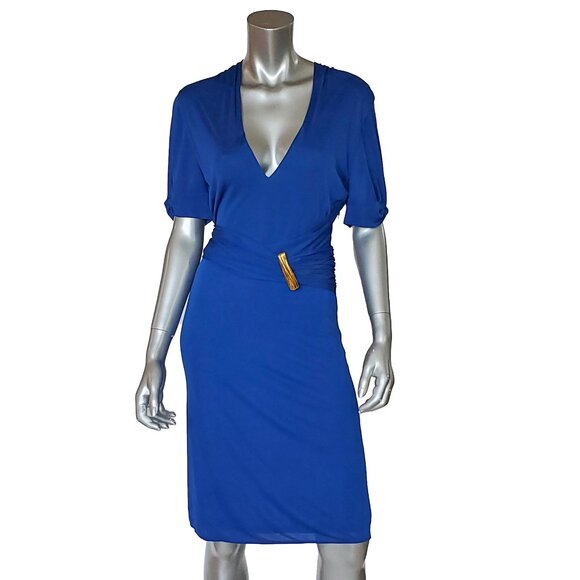 ROBERTO CAVALLI DRESS BLUE DRAPED JERSEY V-NECKLINEsz IT 48 US 12